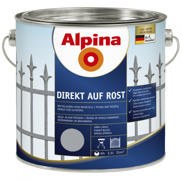 Metalo dažai ALPINA Direkt Auf Rost, 2,5l šviesiai pilka sp.