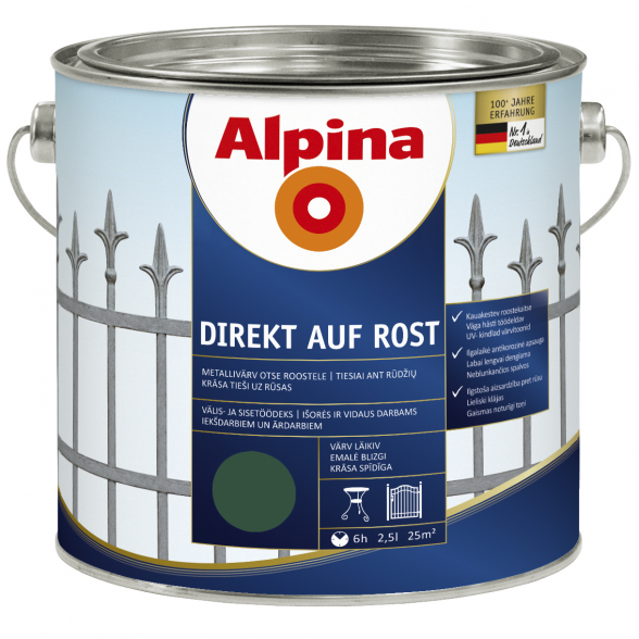 Metalo dažai ALPINA Direkt Auf Rost, 2,5l žalia sp.