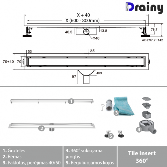 Dušo latakas Tile insert 600mm, 360 Drainy 3