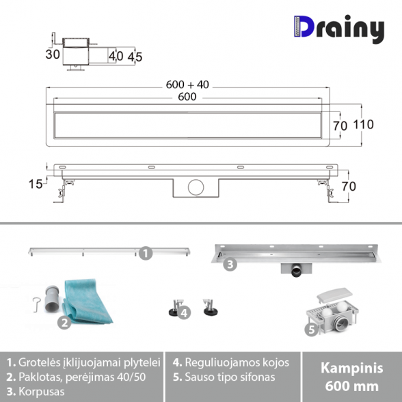 Kampinis dušo latakas Tile insert 600mm Drainy 3