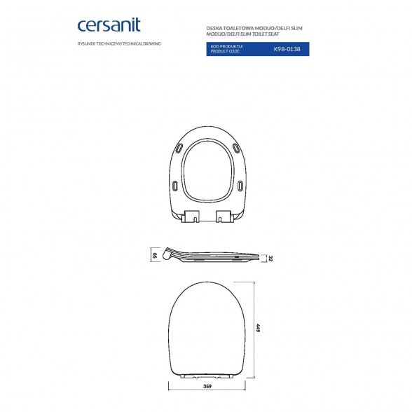 Klozeto dangtis CERSANIT Modduo Delfi Slim, balta sp. 1